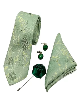 Rare Combee Premium Gold Pista Green Silk Necktie Luxurious Finishing with Pocket Square, Cufflinks, Rose Pin for Weeding, Corporate, Meeting, Party's, Reception, Gift, Business, Office