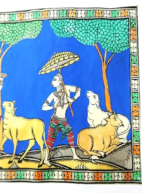 Lord Krishna Grazing Cows with the Gopis Pattachitra Painting – Traditional Indian Artwork on Silk Cloth