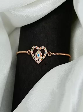 Artificial Golden Rose Evil Eye Heart Charm Bracelet for Women & Girls | Adjustable Stylish Wrist Accessory | Good Luck Gift for Birthday, Valentine, Friendship (Modern)