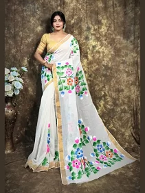 Kerala Cotton Hand-Painted Saree – Artistic Elegance with Blouse Piece