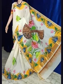 Kerala Cotton Hand-Painted Saree – Artistic Elegance with Blouse Piece