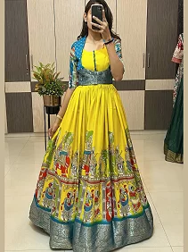 Women’s Gown Set | Kalamkari Ethnic Wear | Festive Gown with Coaty | Kalamkari Dola Silk Gown with Coaty – Elegant Festive Fusion Style