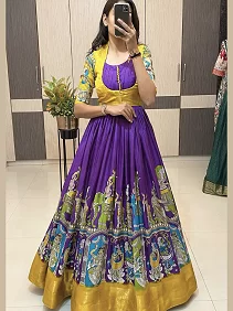 Women’s Gown Set | Kalamkari Ethnic Wear | Festive Gown with Coaty | Kalamkari Dola Silk Gown with Coaty – Elegant Festive Fusion Style