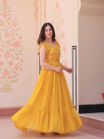 Designer Gown | Women’s Party Wear Gown | Readymade Embroidered Gown | Sleeveless Designer Gown | Embroidered Faux Blooming Gown with Frill Shoulder