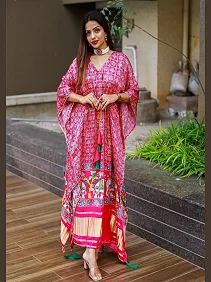 Designer Satin Kaftan – Printed Elegance with Fancy Latkan & Lace Detailing | Women’s Kaftan | Printed Satin Kaftan Dress | Free Size Ethnic Wear