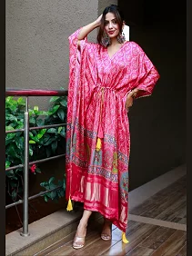 Designer Satin Kaftan – Printed Elegance with Fancy Latkan & Lace Detailing | Women’s Kaftan | Printed Satin Kaftan Dress | Free Size Ethnic Wear