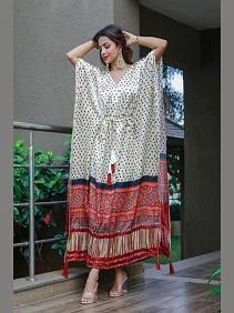 Designer Satin Kaftan – Printed Elegance with Fancy Latkan & Lace Detailing | Women’s Kaftan | Printed Satin Kaftan Dress | Free Size Ethnic Wear