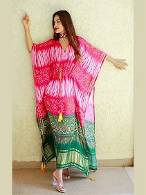 Designer Satin Kaftan – Printed Elegance with Fancy Latkan & Lace Detailing | Women’s Kaftan | Printed Satin Kaftan Dress | Free Size Ethnic Wear