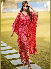 Designer Satin Kaftan – Printed Elegance with Fancy Latkan & Lace Detailing | Women’s Kaftan | Printed Satin Kaftan Dress | Free Size Ethnic Wear