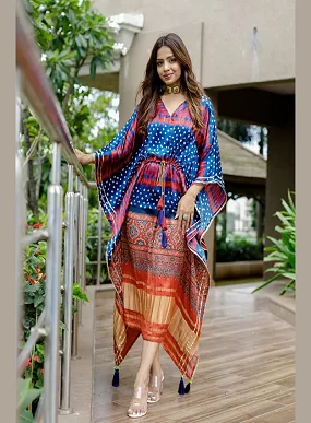 Designer Satin Kaftan – Printed Elegance with Fancy Latkan & Lace Detailing | Women’s Kaftan | Printed Satin Kaftan Dress | Free Size Ethnic Wear