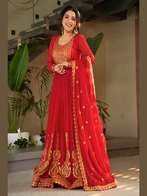 Premium Faux Blooming Designer Gown with Dupatta – Embroidered Elegance for Festive Occasions | Women's Readymade Gown Set | Ethnic & Festive Wear | Designer Gown with Dupatta