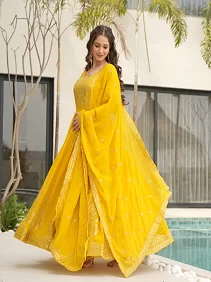 Premium Faux Blooming Designer Gown with Dupatta – Embroidered Elegance for Festive Occasions | Women's Readymade Gown Set | Ethnic & Festive Wear | Designer Gown with Dupatta