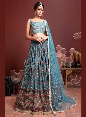 Royal Blue Kalamkari Wedding Lehenga with Mirror Work Blouse & Net Dupatta | Designer Bridal Lehenga Set