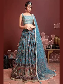 Royal Blue Kalamkari Wedding Lehenga with Mirror Work Blouse & Net Dupatta | Designer Bridal Lehenga Set