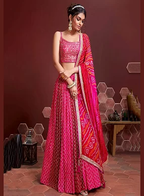 Pink Chinnon Silk Wedding Lehenga with Mirror Work Blouse & Bandhani Dupatta | Navratri & Bridal Special