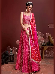 Pink Chinnon Silk Wedding Lehenga with Mirror Work Blouse & Bandhani Dupatta | Navratri & Bridal Special