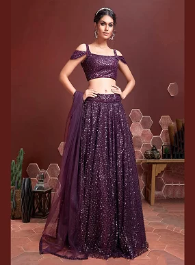 Purple Soft Net Sequins Embroidered Wedding Lehenga with Cold-Shoulder Blouse & Dupatta | Party & Bridal Wear