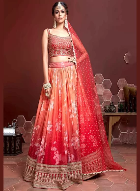 Orange Organza Wedding Lehenga with Swarovski & Mirror Embroidery – Bridal Lehenga Set Online