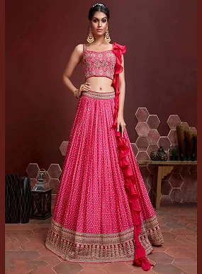 Buy Pink Chinon Silk Lehenga with Digital Print, Swarovski Embroidery & Ruffle Dupatta – Designer Wedding Collection