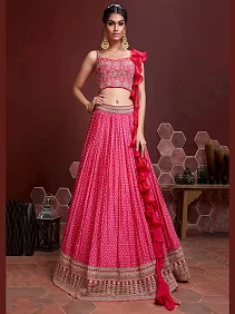 Buy Pink Chinon Silk Lehenga with Digital Print, Swarovski Embroidery & Ruffle Dupatta – Designer Wedding Collection