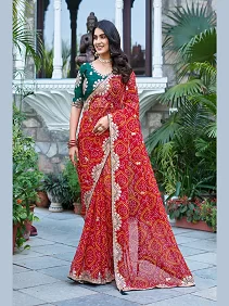Buy Traditional Bandhej Saree with Heavy Pitha & Gota Patti Work – Festive Indian Saree