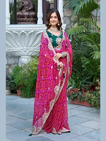 Buy Traditional Bandhej Saree with Heavy Pitha & Gota Patti Work – Festive Indian Saree