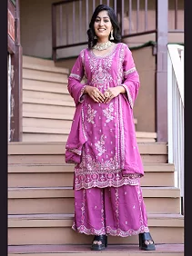 Gajari Embroidered Kurti Plazzo Dupatta Set | Faux Georgette 3-Piece Party Wear Dress for Women