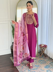 Women's Viscose Reyon Embroidered Top and Bottom Set with Printed Jacquard Butti Dupatta | Size S to 3XL | Pansy Purple Suit Set