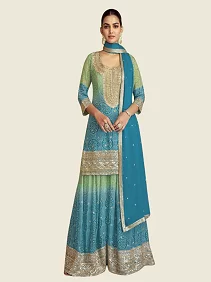 Gulkayra Readymade Chinon Digital Print Suit with Multi Embroidery & Plazzo | Full Stitched Partywear Suit for Women | Multicolour Suit