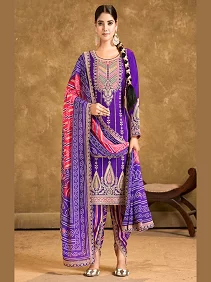 Women's Pure Chinon Silk Kurti with Dhoti and Dupatta Set | 3-Piece Ethnic Set with 5mm Sequins Embroidery  | Violet | Size - M, L, XL, XXL