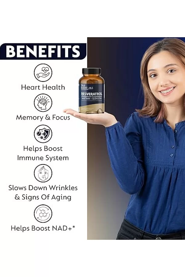 True Essentials Trans Resveratrol 99.9% Pure 500mg Supplement Slow down Aging | Anti-Inflammatory | Improves Metabolism and Heart health (60 Veg Capsules)