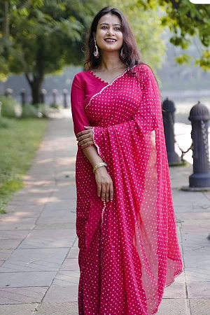 Aektara Bandhani Saree in Viscose Georgette with Gota Patti Border | Premium Block Print Bandhej Saree for Women