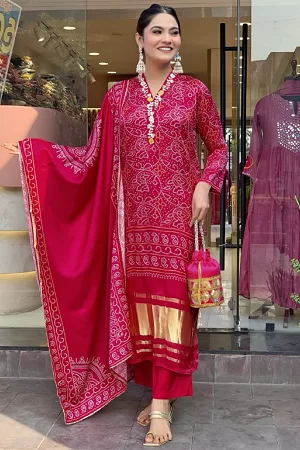 Kurti Pant Dupatta Set | Viscose Silk Kurti with Embroidery & Hand Print | Women's Ethnic Wear