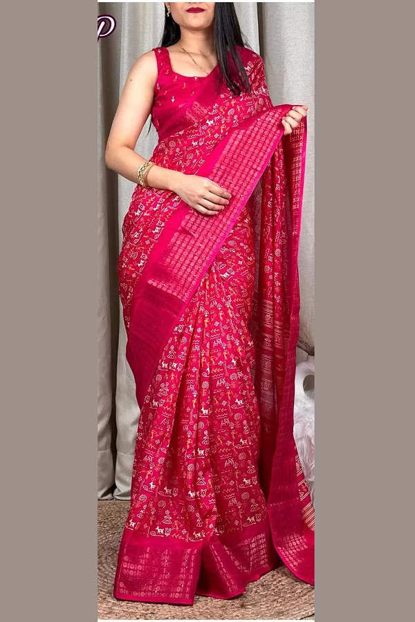 Dark Pink Kalamkari Print Cotton Saree for Women – Soft Cotton Saree with Sequin & Zari Border and Printed Blouse