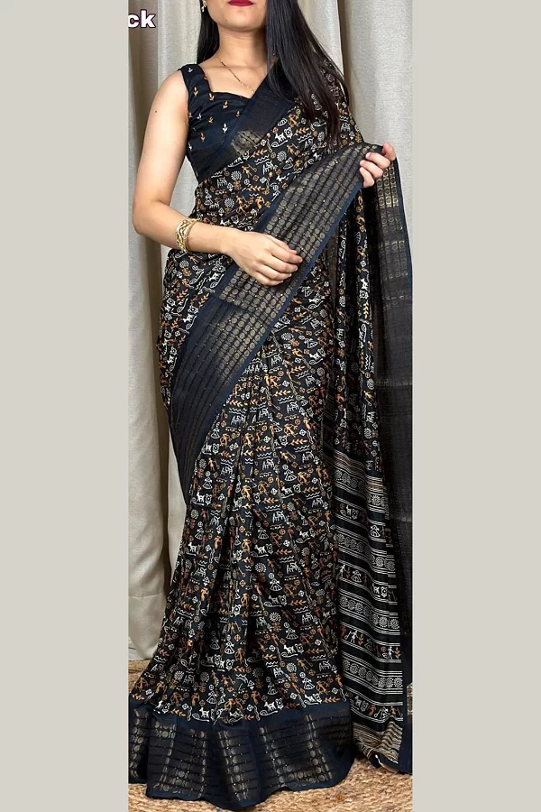 Black Colour Kalamkari Print Cotton Saree for Women – Soft Cotton Saree with Sequin & Zari Border and Printed Blouse