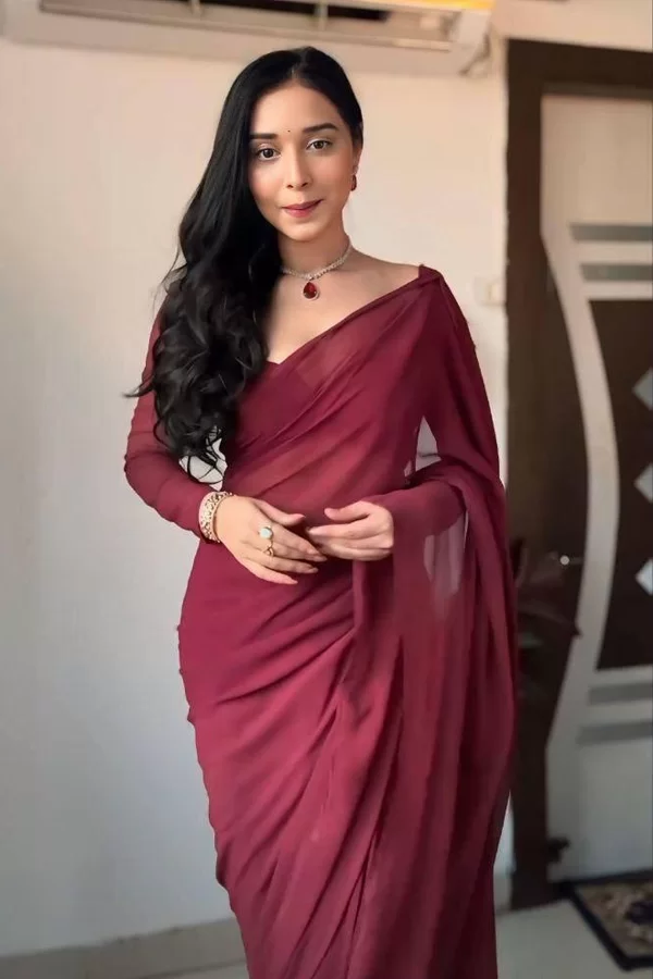 Ready to Wear 1-Minute Saree – Maroon Pure Soft Georgette Silk Saree with Blouse | Lightweight & Easy to Drape