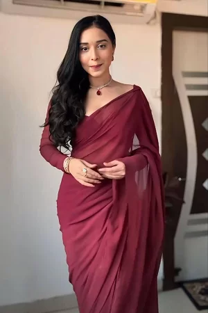 Ready to Wear 1-Minute Saree – Maroon Pure Soft Georgette Silk Saree with Blouse | Lightweight & Easy to Drape