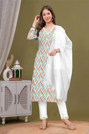 Cotton printed kurti trouser dupatta set  Long kurti
