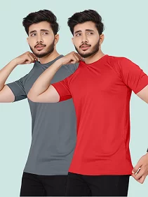 Combo Sporty Red & Grey Polyester Round Neck T Shirt Pack of 2