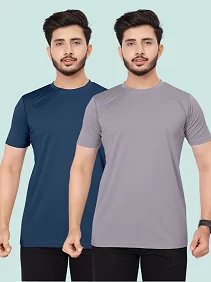 Combo Sporty Dark Blue  & Grey Polyester Round Neck T Shirt Pack of 2