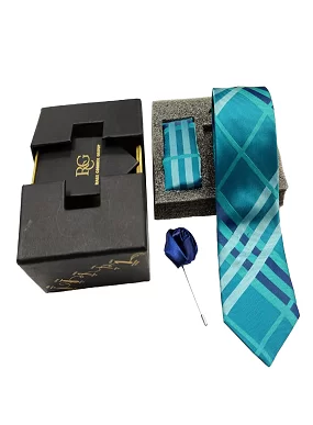 Rare Combee Signature Edition Aqua Blue Color Luxurious Necktie with Pocket Square Rose Pin for Party, Wedding or Corporate Gift