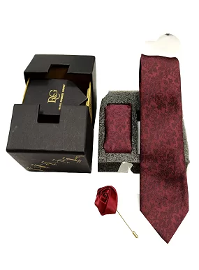 Rare Combee Signature Edition Maroon Blue Color Luxurious Necktie with Pocket Square Rose Pin for Party, Wedding or Corporate Gift