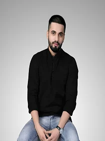 CROWN WORLD Men's Cotton Regular Black Short Kurta , Casual & Ethnic Wear with Long Sleeve