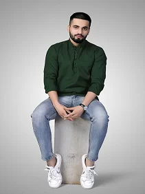 CROWN WORLD Men's Cotton Regular Dark Green Short Kurta , Casual & Ethnic Wear with Long Sleeve