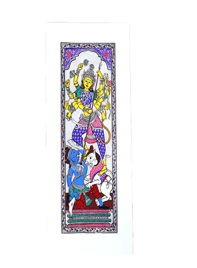 Handmade Pattachitra Painting of Mahishasura Mardini Maa Durga – Traditional Indian Art on Tussar Silk (Unframed, 50 x 25 cm