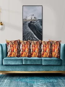 PALAK SAXENA Set of 5 Decorative Cushion Covers, 40 x 40 cm, Square Cotton Linen Rajasthani Couple Decorative Cushion Covers with Hidden Zip, Single-Sided Print, Decorative Cushion Covers for Sofa