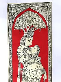 Palak Saxena Traditional Indian Wall Hanging with Embroidered Figures, 45 x 90 cm, Red and Grey