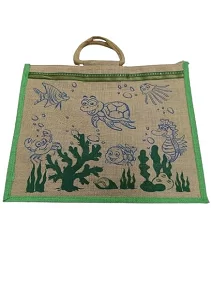 PALAK SAXENA Jute Bag for Shopping - Printed Jute Bag | Shoulder Bag | Shoppers Tote | Grocery Bag | Eco Friendly Bags for Shopping - Cute & Quirky Collection (Tortoise, Fish - Green)