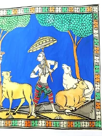 Lord Krishna Grazing Cows with the Gopis Pattachitra Painting – Traditional Indian Artwork on Silk Cloth
