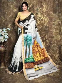 Kerala Cotton Hand-Painted Saree – Artistic Elegance with Blouse Piece
